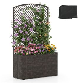 49" Brown PE Rattan Raised Garden Bed with Trellis Adjustable Foot Pads Outdoor Planter Box