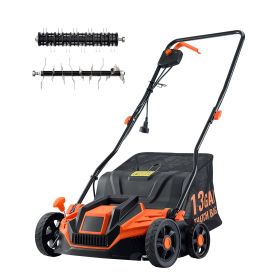 2-in-1 Electric Dethatcher and Scarifier, 13-Inch 13 Amp, Corded Lawn Dethatcher with 13-Gallon Thatch Collection Bag, 5-Position Depth Adjustmen