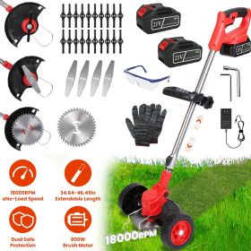 800W Powerful Cordless Lawn Wacker with Detachable Wheels - 2 Rechargeable Batteries , 3 Types of Blades (Plastic/Alloy/Stainless Steel)