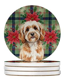 Cavapoo Christmas PoinsettIas Large Sandstone Coasters Pack of 4 Absorbent Round Coasters Decor Gifts for Men or Women, 4 in, Multicolor