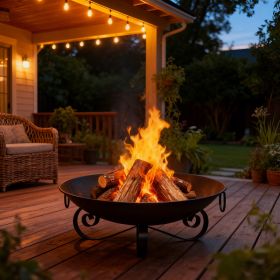 24 InHeavy-Duty Metal Fire Pit Bowl Outdoor Wood-Burning Firepit With Handles (Option: Black)