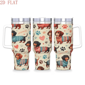 1pc 2D Flat Printed Dachshund Tumbler, Stainless Steel Car Cup with Retro Polka Dot & Paw Print, Cute Vintage Sweater Dog Water Bottle (Color: White, Capacity: 40oz)